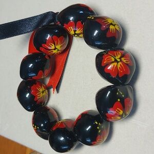 Hand Painted Floral Bead Stretch Bracelet Black Red Yellow